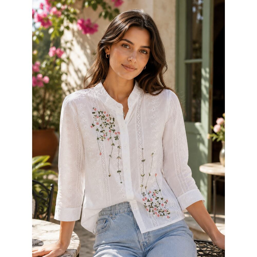 White eyelet Sz L Blossom Embroidered blouse for Women - Picture 1 of 10